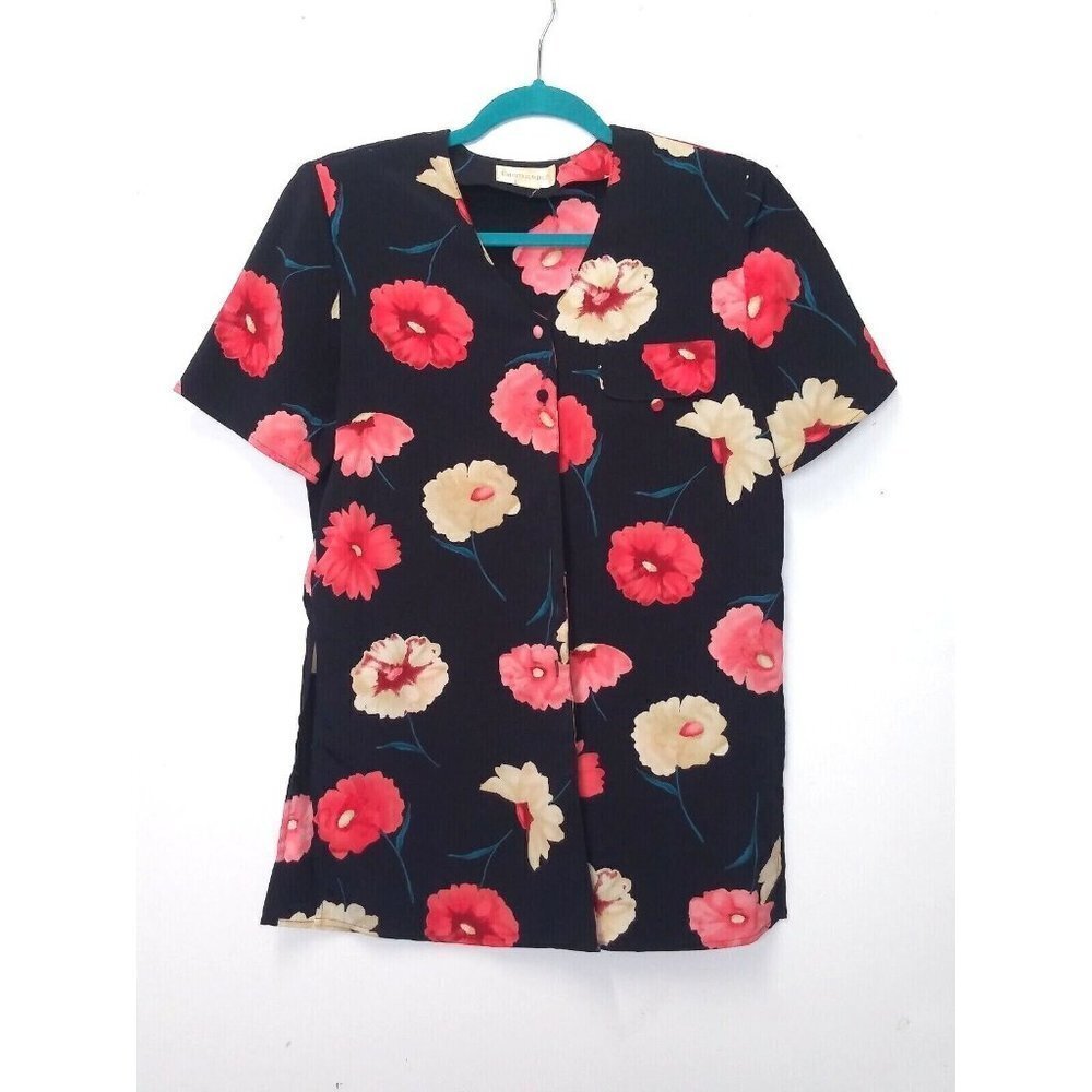 women’s floral Blouse/Top 80s-90s Vintage Christie & Jill Sz L black pink bright